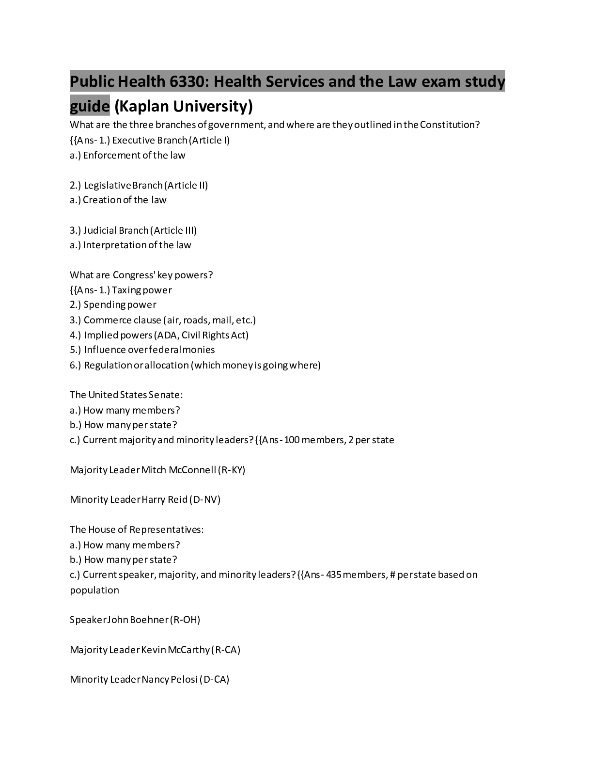 Preview image for Public Health 6330: Health Services and the Law exam study guide (Kaplan University)